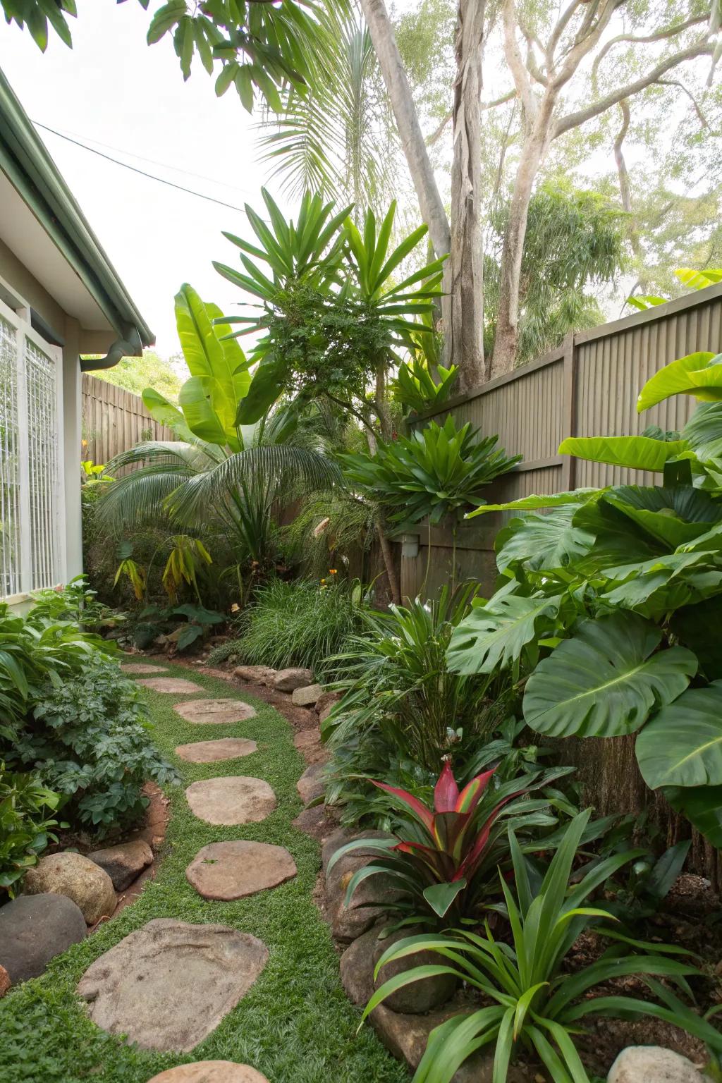 Layered tropical plants create a jungle-like atmosphere.