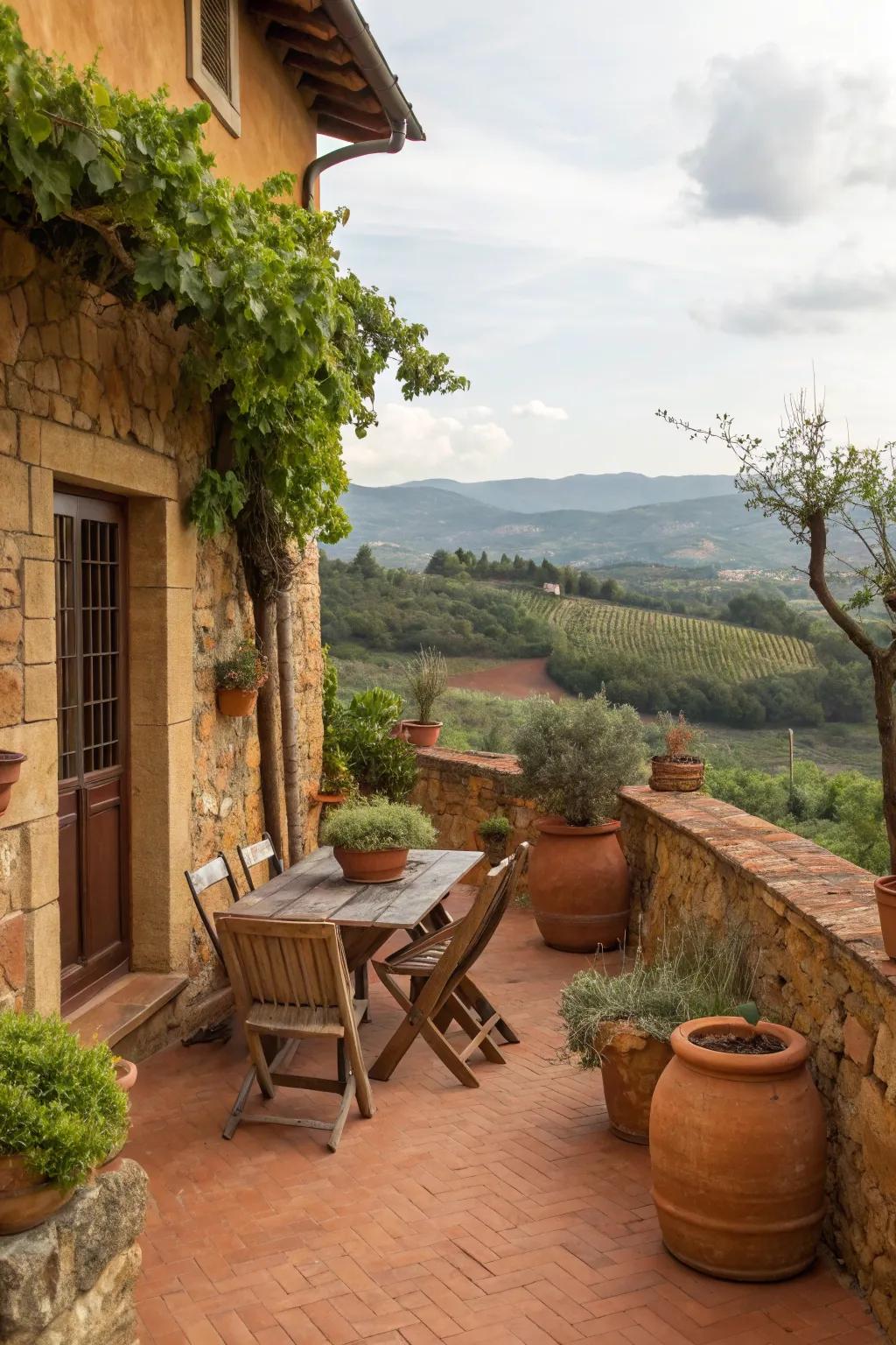 A warm-toned Tuscan patio featuring terracotta and ochre hues.
