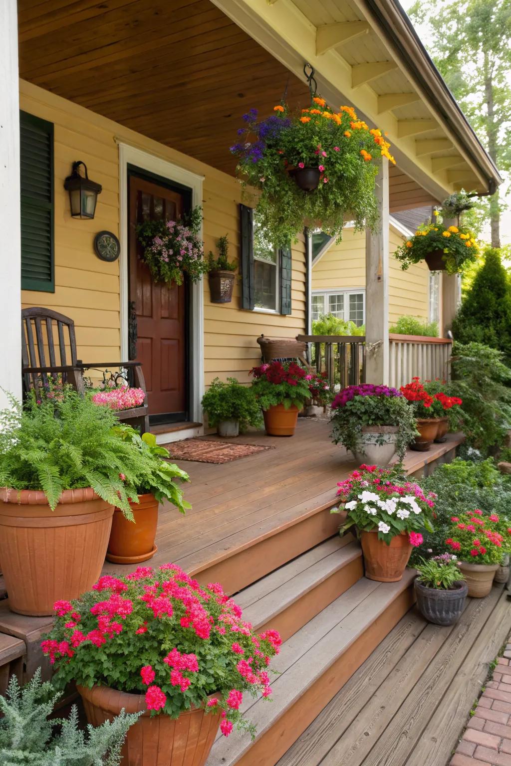 Potted plants bring life and color to this small uncovered porch.