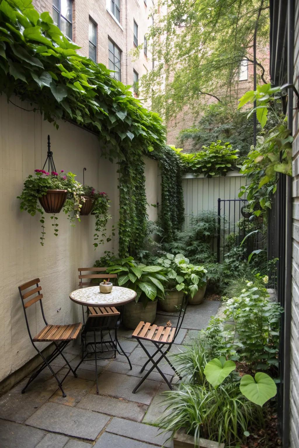 Create a cozy nook with compact seating in your urban garden.