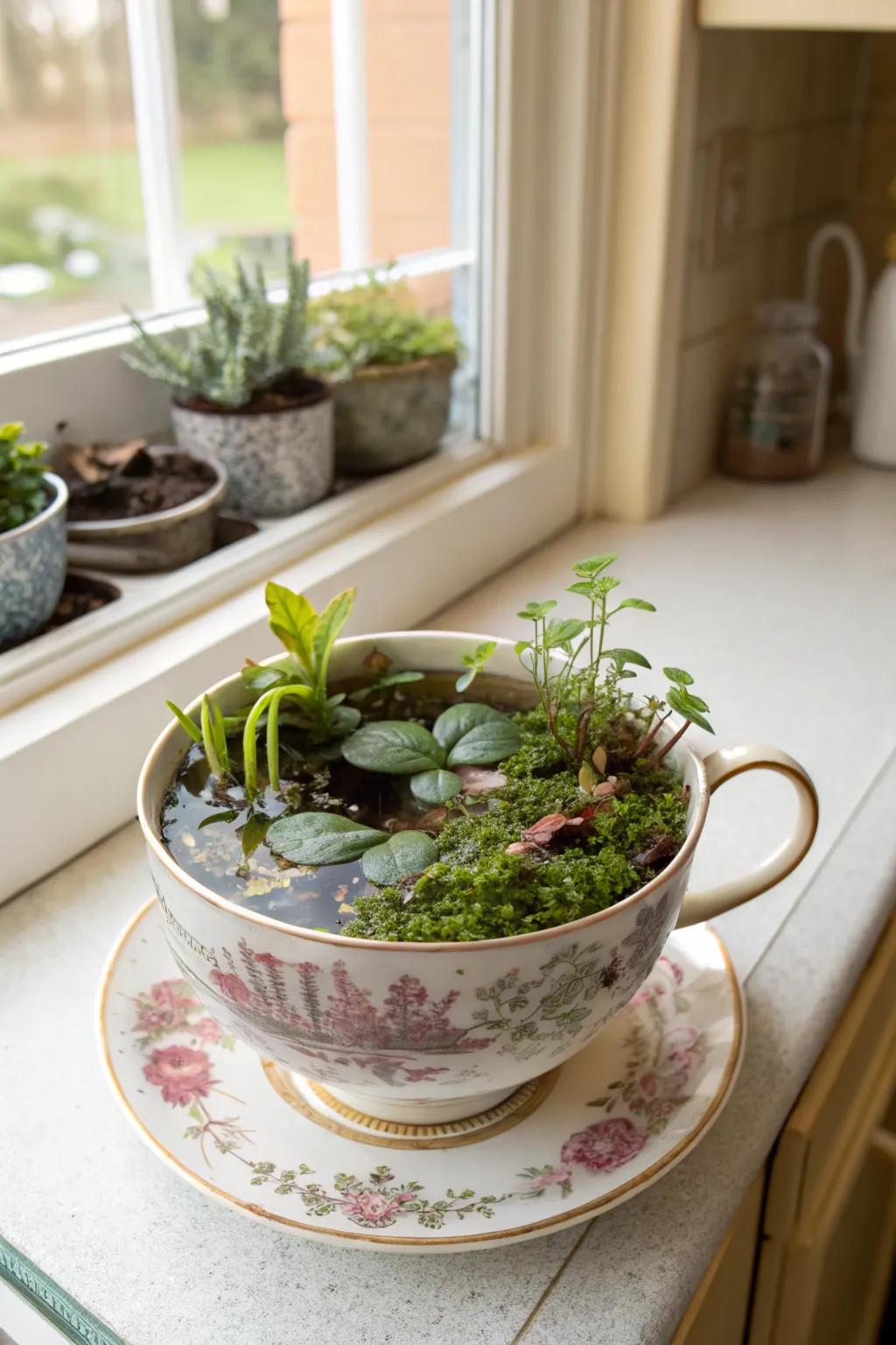 A quaint vintage teacup brimming with aquatic beauty.