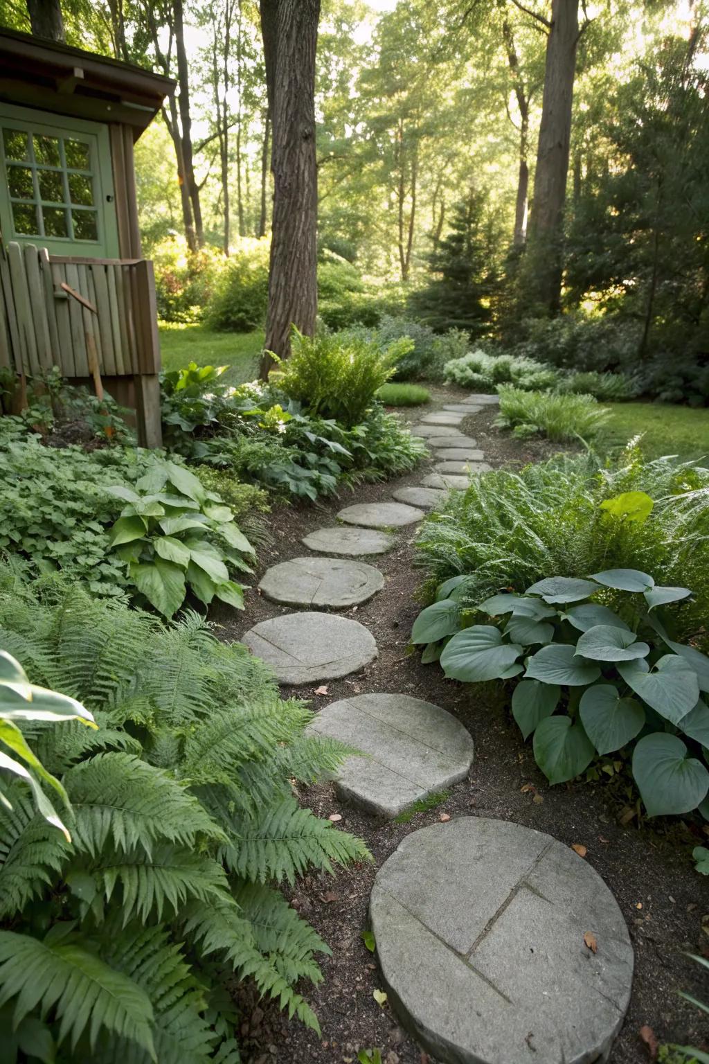 A serene stepping stone pathway weaving through a lush woodland garden.