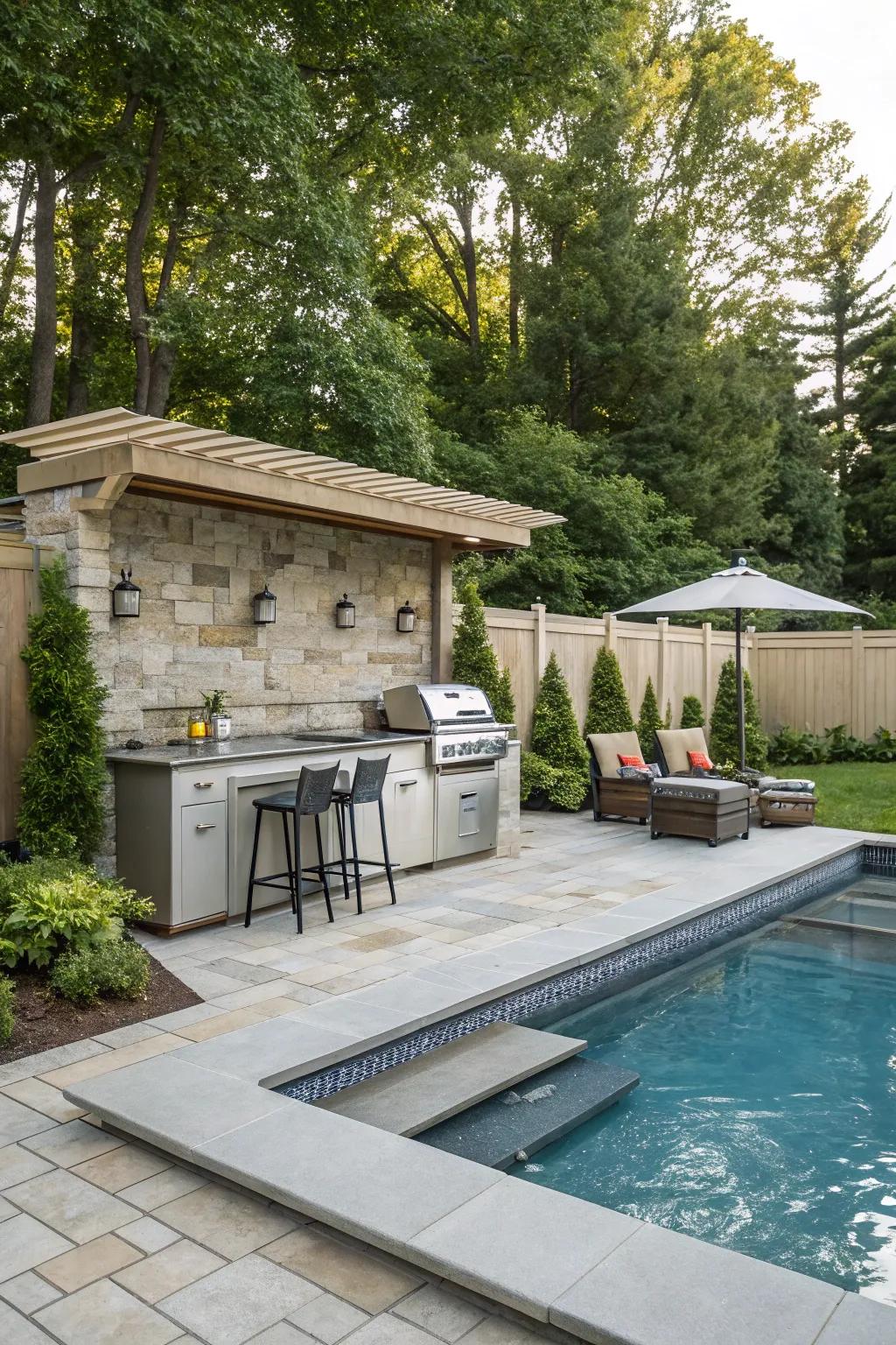 A smart layout featuring a linear kitchen design adjacent to a small pool.