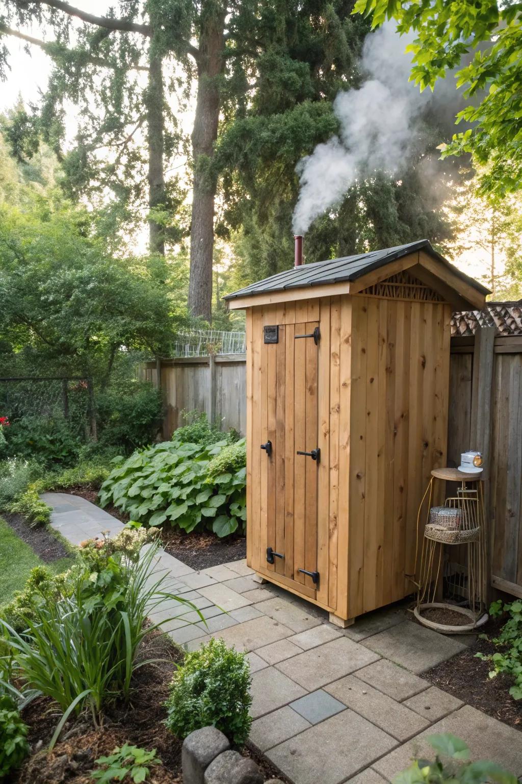 A cedar wood smokehouse that exudes rustic charm.
