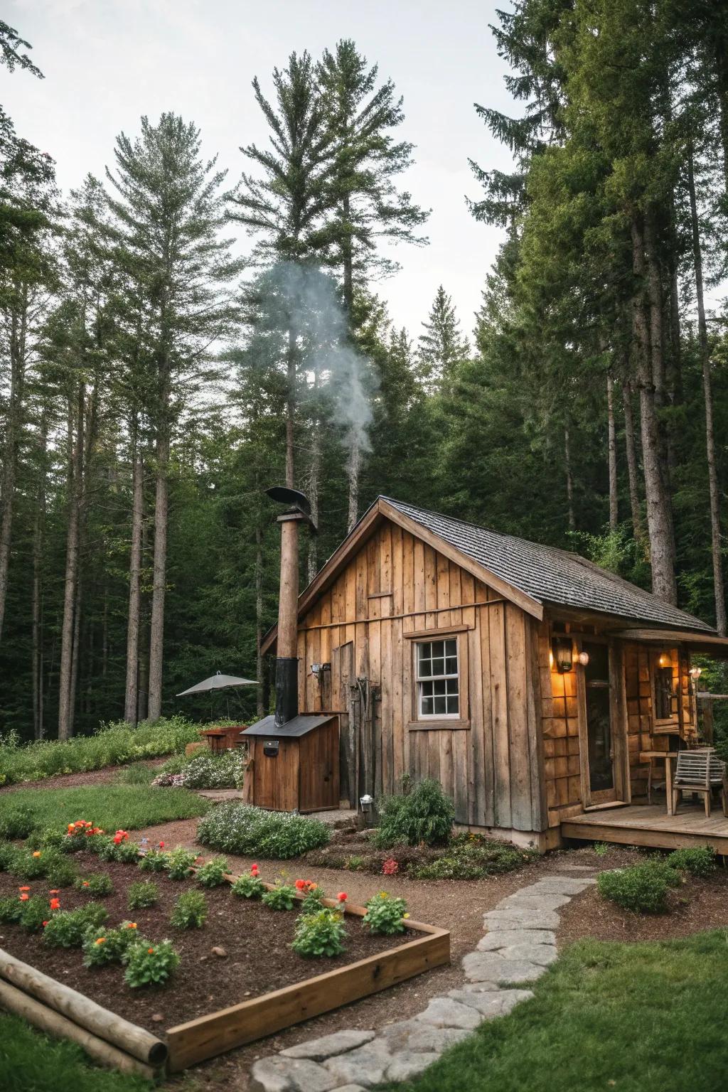 A rustic wood cabin smoker shack nestled among the trees.