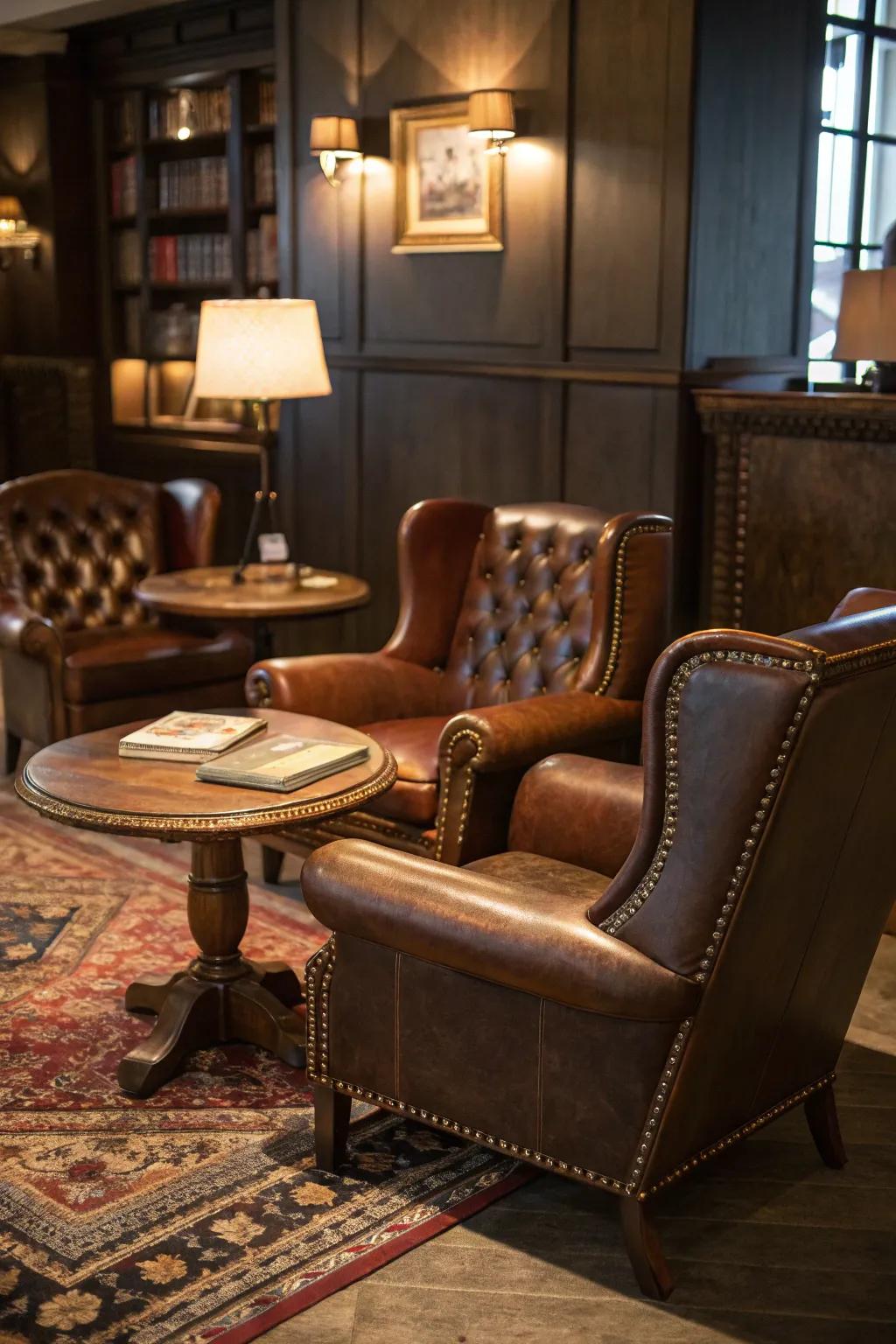 A cozy lounge featuring classic leather seating and vintage decor.