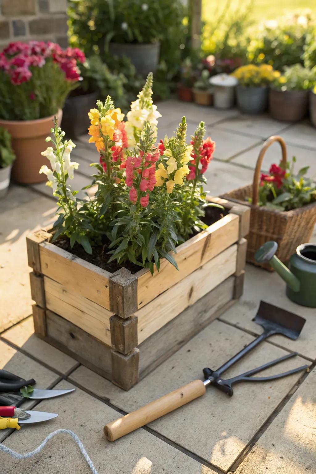 Rustic wooden crate filled with vibrant snapdragons, adding charm to any garden space.
