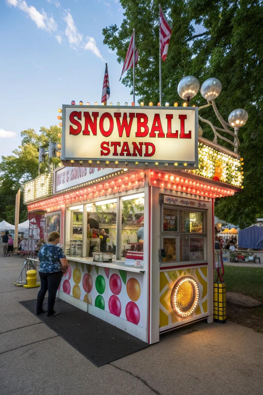 A neon-themed snowball stand that pops with color and excitement.