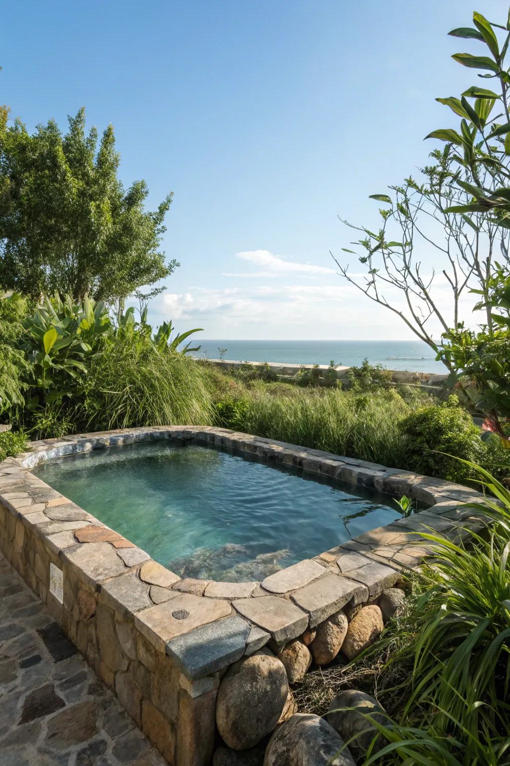 A soak pool encircled by natural stones amidst a lush garden.