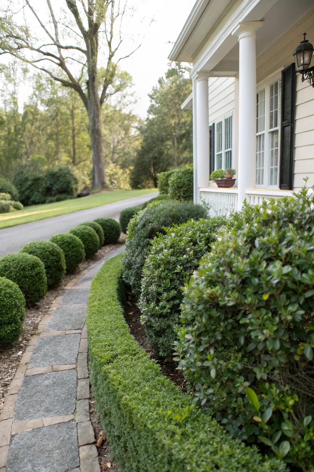 Foundation planting with Soft Touch Holly brings elegance to any home.