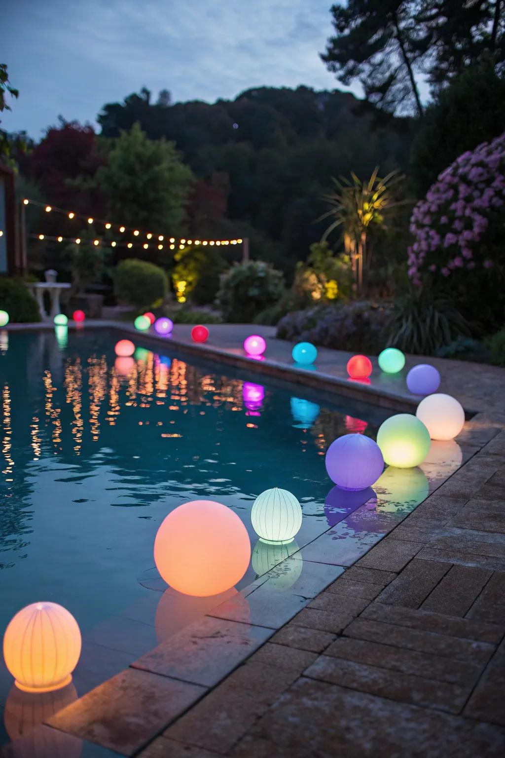 Vibrant floating solar lights create a dynamic atmosphere