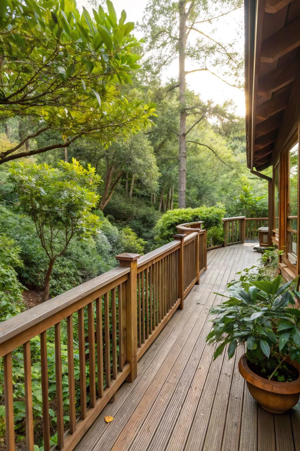 A deck with natural wooden railings, radiating warmth and natural beauty.