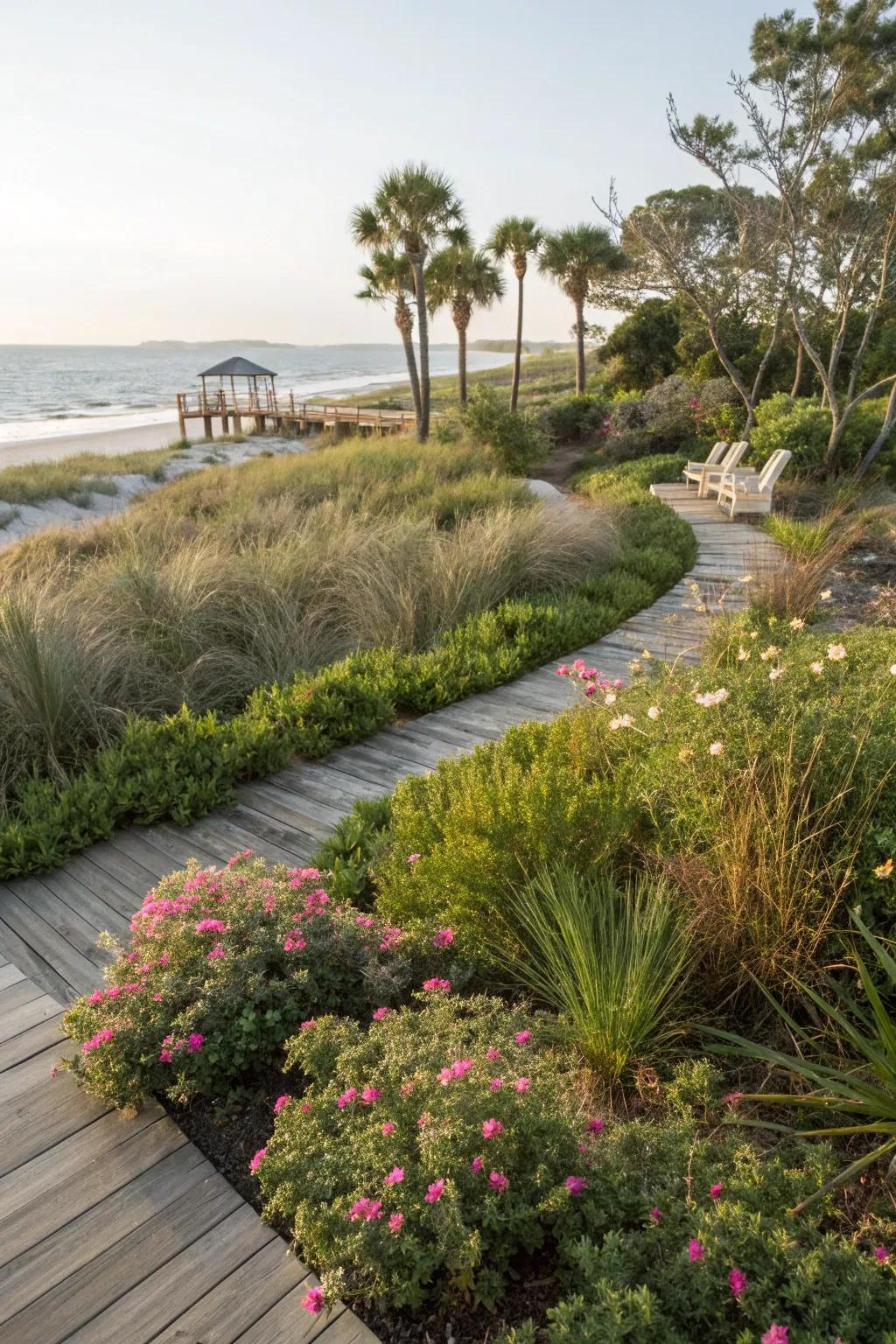 A serene coastal garden with native grasses that echo the South Carolina shoreline.