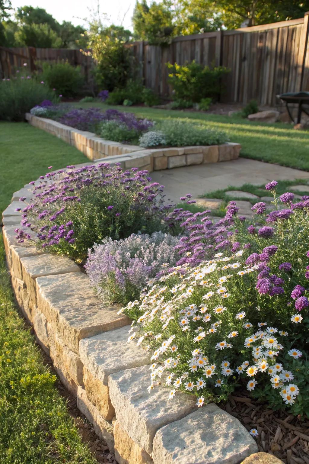 A native Texan plant garden bed featuring Texas Sage and Blackfoot Daisy.