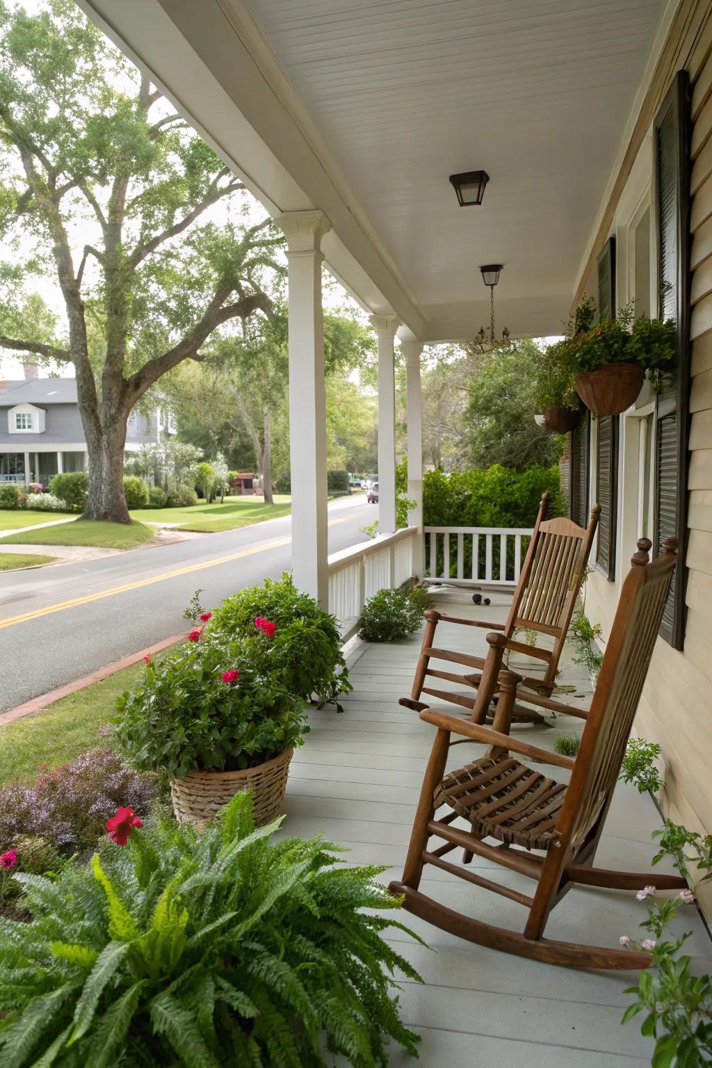 Rocking chairs invite relaxation and southern charm.