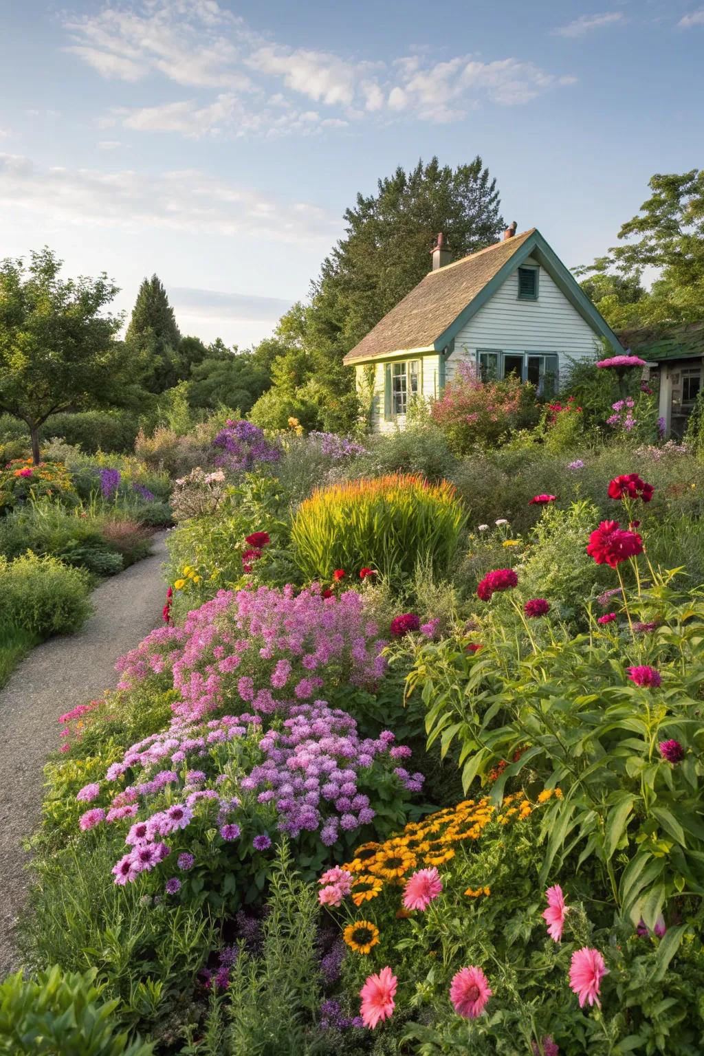A vibrant cottage garden bursting with color and life.