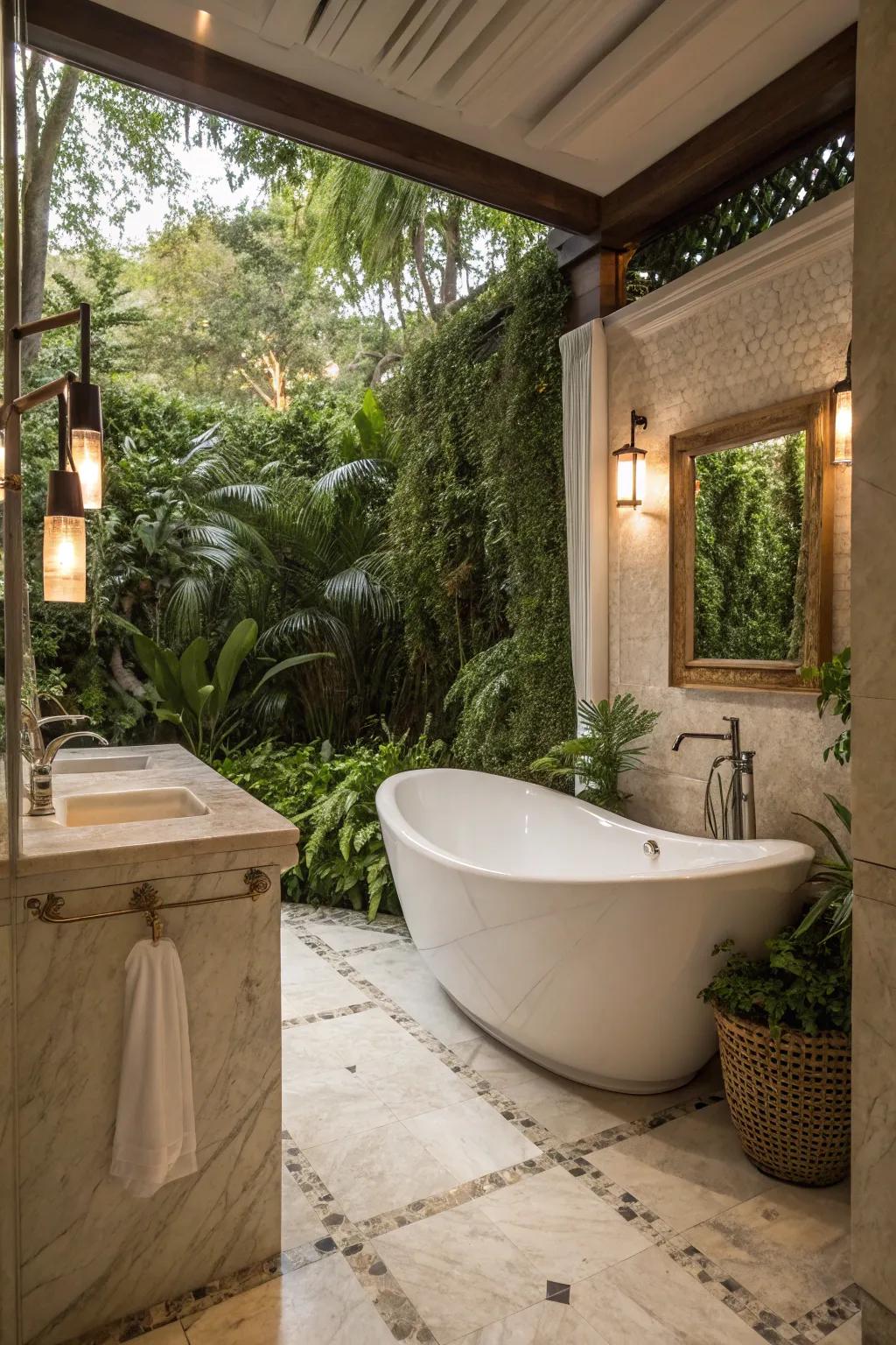 A freestanding bathtub acts as the centerpiece of a spa-inspired bathroom.