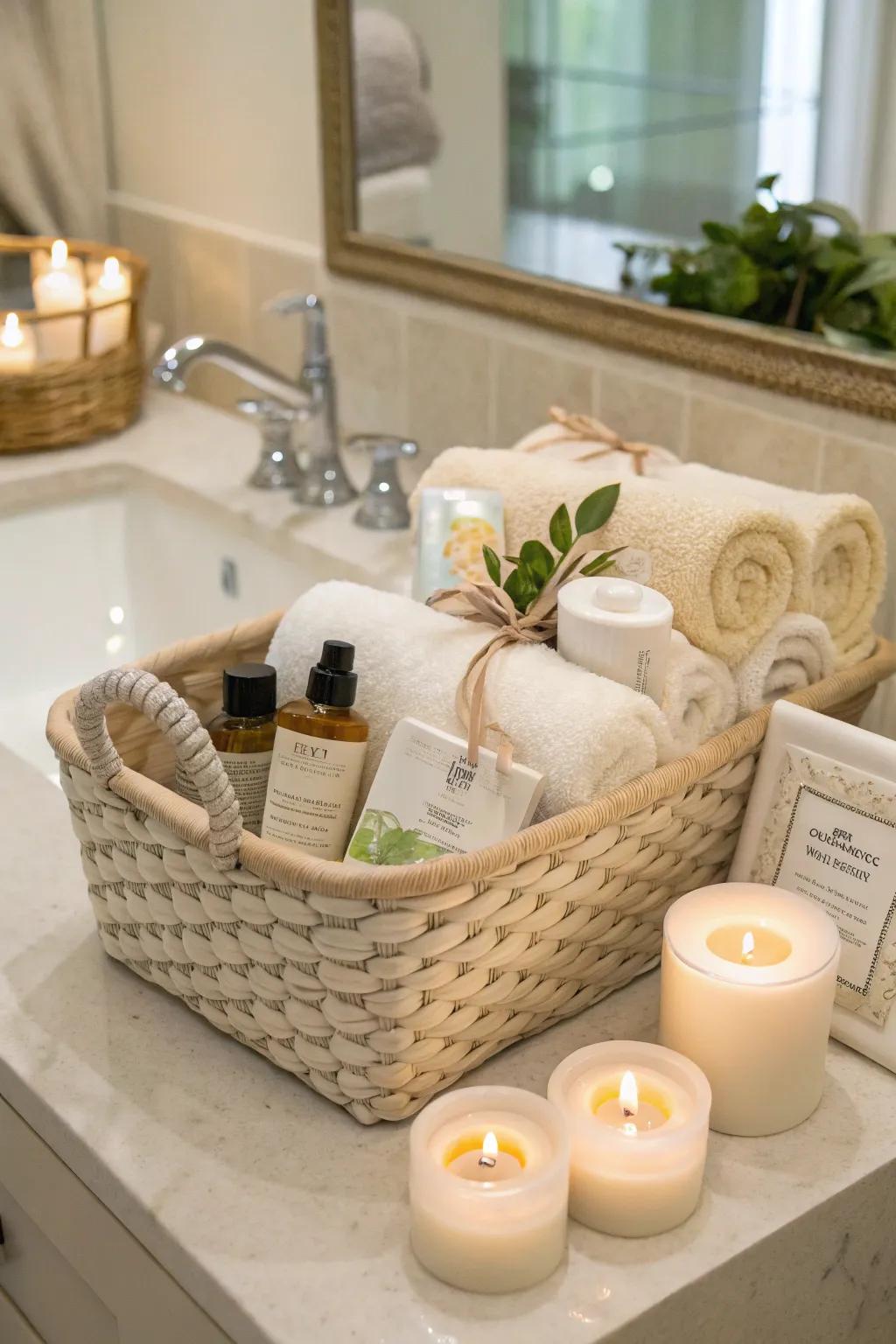 A deluxe spa gift basket featuring towels and skincare products for ultimate relaxation.