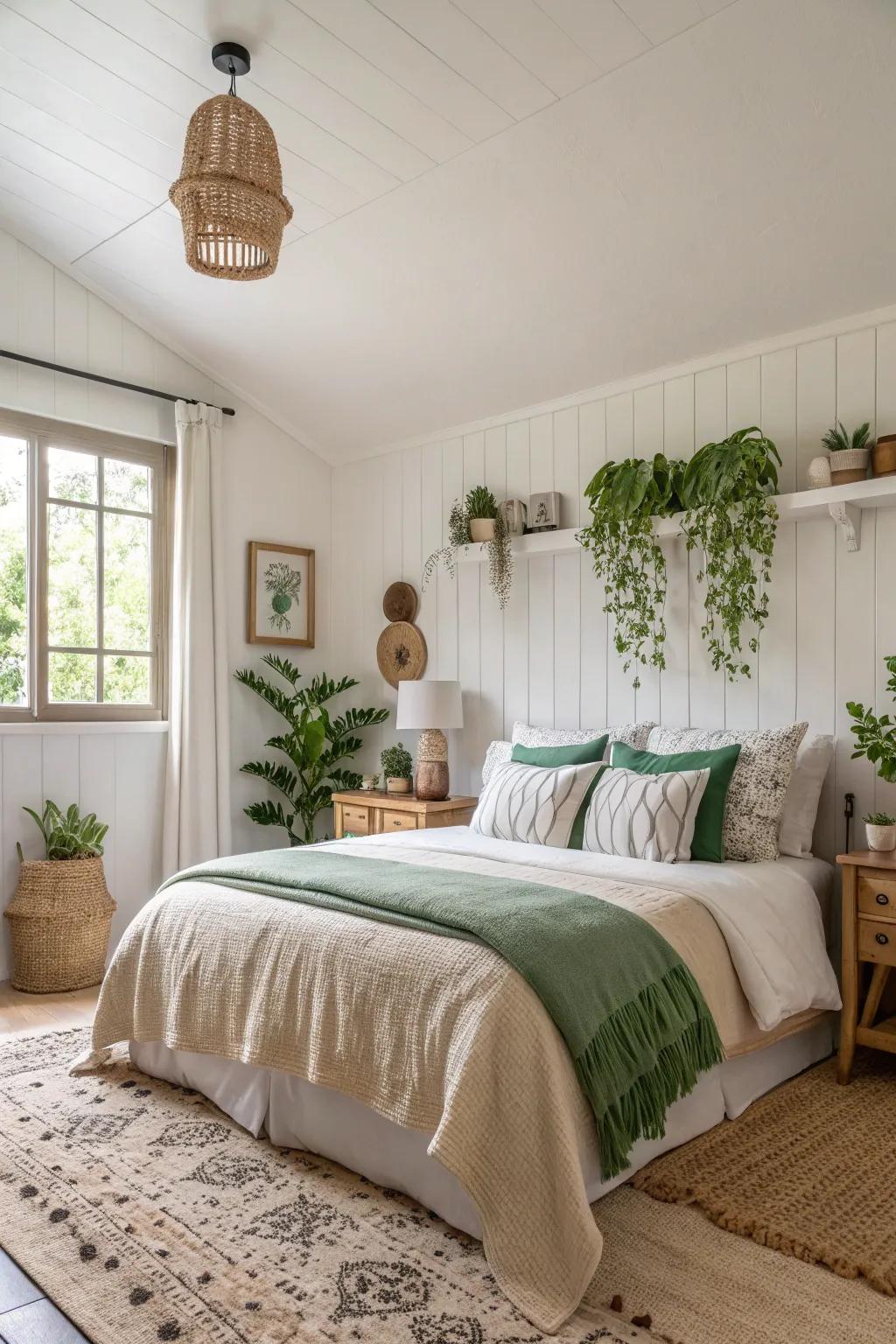 Neutral hues create a calming and peaceful bedroom atmosphere.