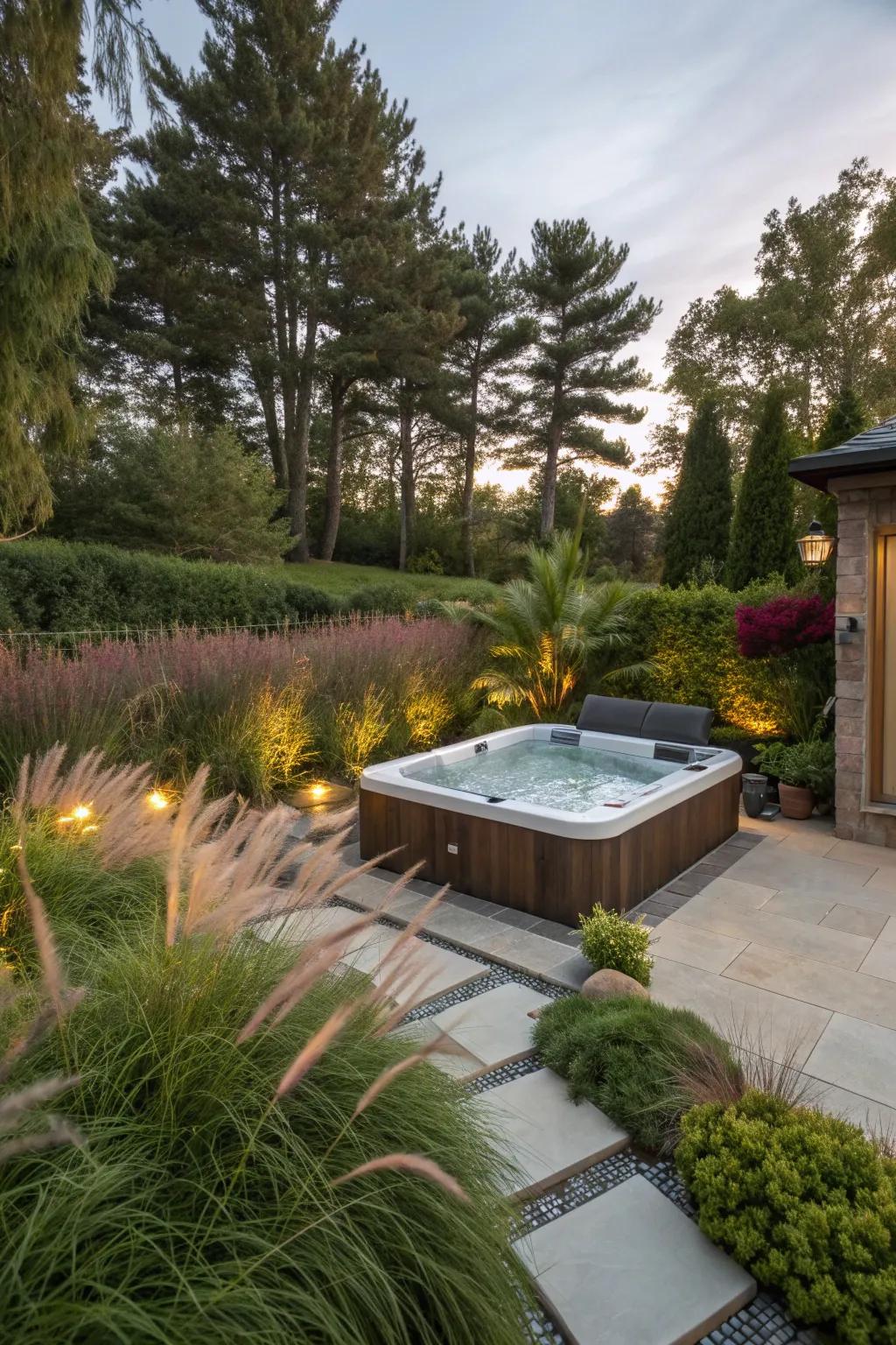 A hot tub cocooned in greenery offers a serene escape.