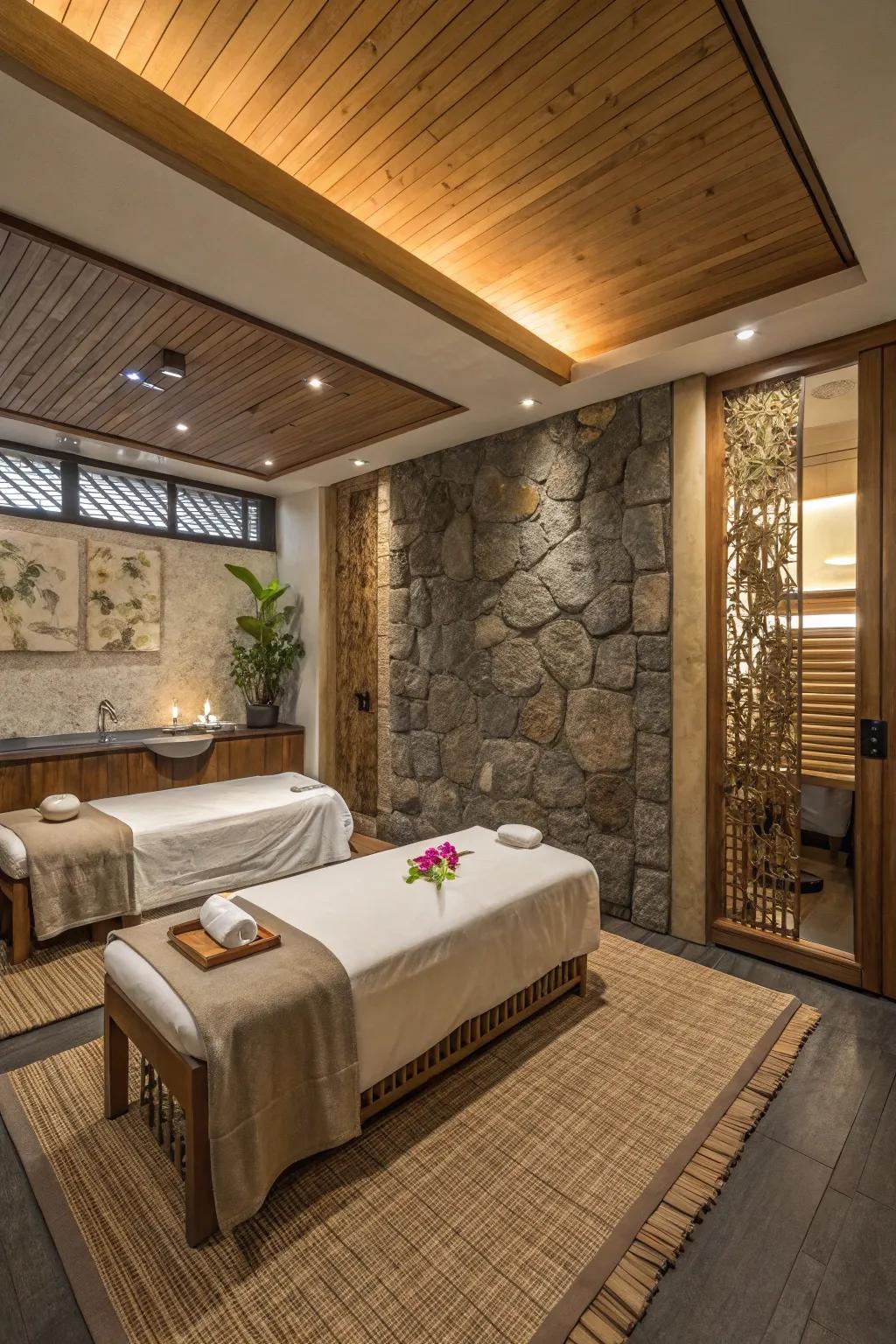 Wood and stone textures create a natural vibe in your home spa.