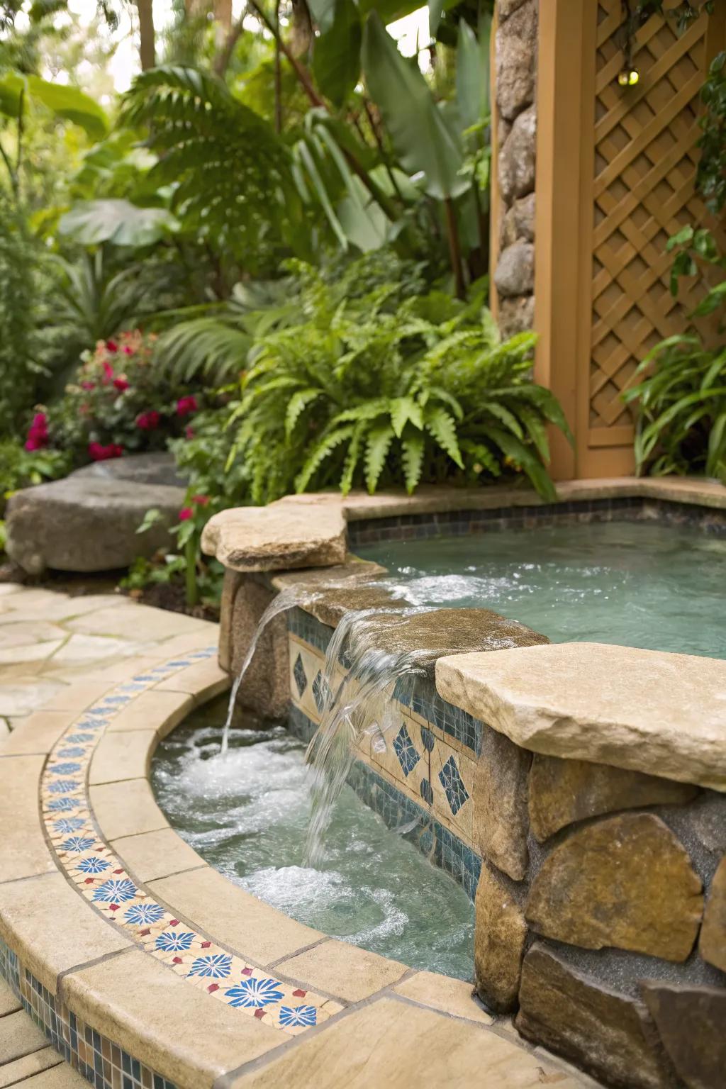 Natural stone and decorative tiles add timeless elegance to any spa spillover.