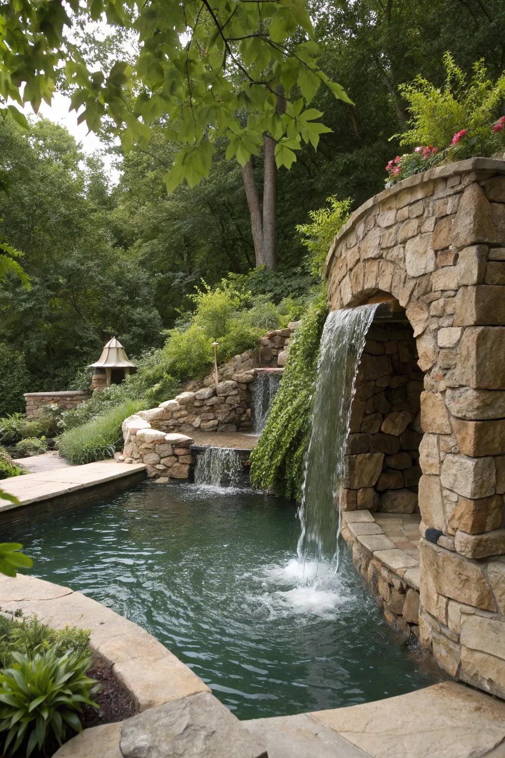Natural stone adds timeless elegance to any spa spillway.