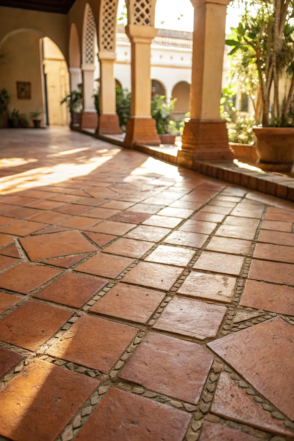 Terracotta tiles infuse warmth into any courtyard setting.