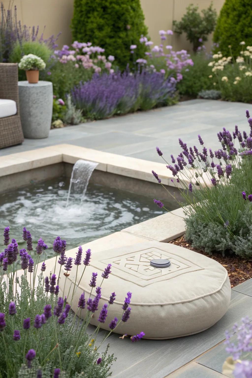 A serene meditation corner with lavender and a water feature.