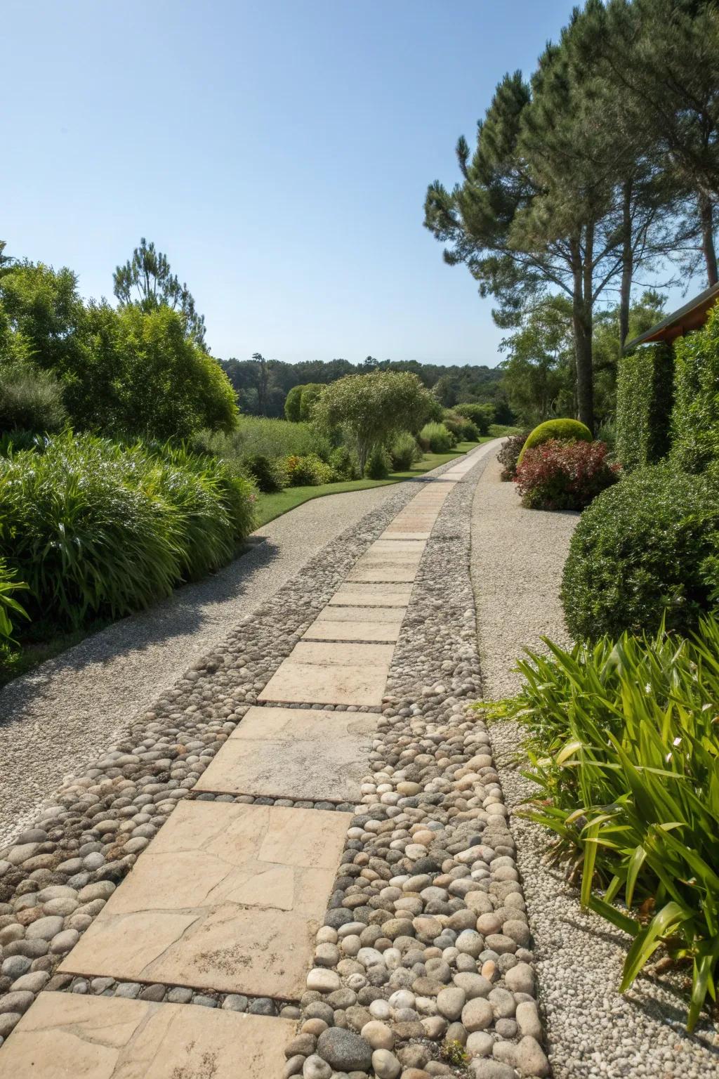 A harmonious blend of stones and pebbles for a chic driveway.