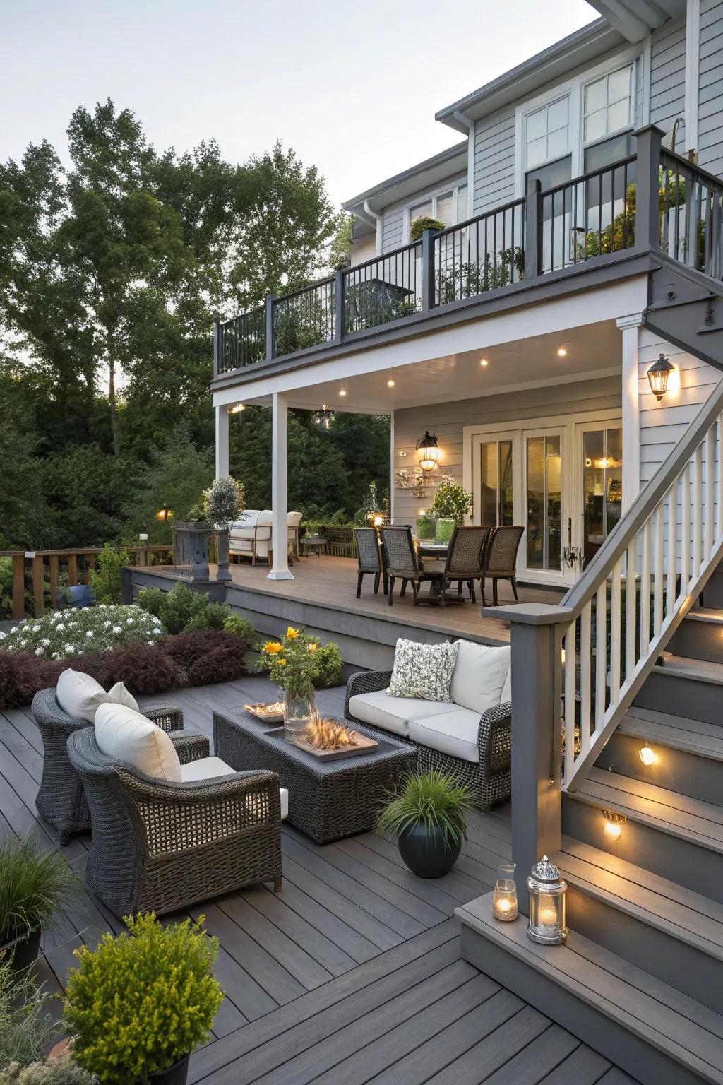 Distinct zones for lounging and dining on a split-level deck.