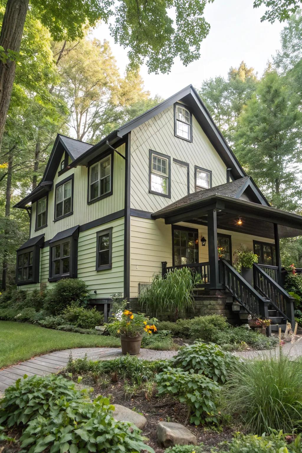 Dark trims bring out the character of this split-level home's light siding.