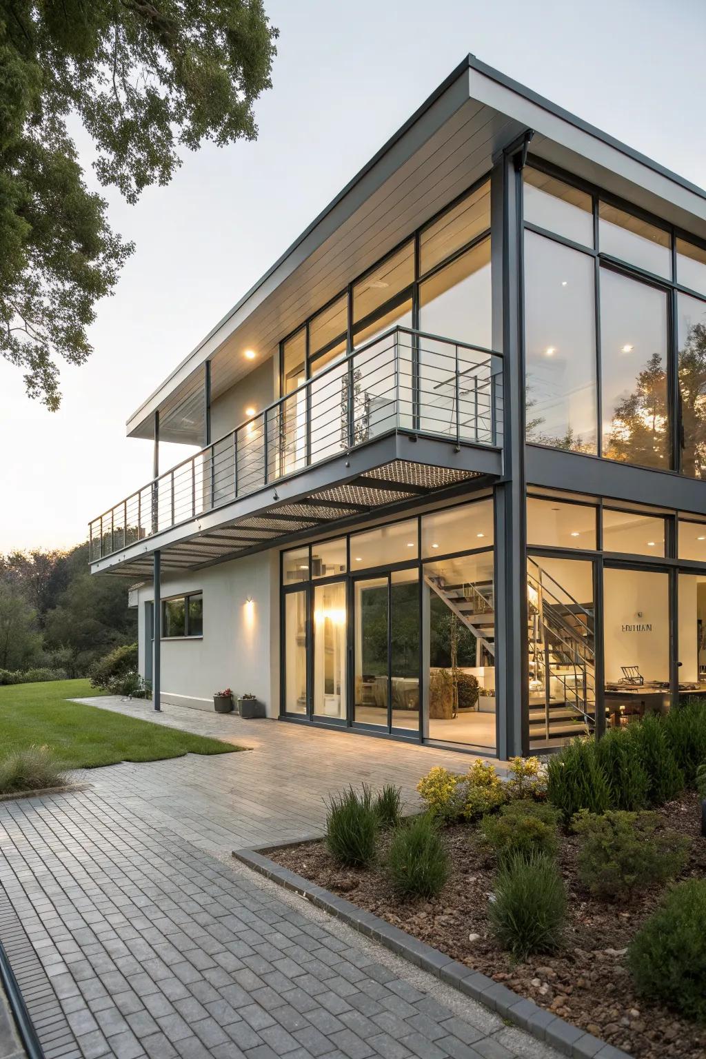 Sleek metal accents and glass windows give this split-level home a modern edge.