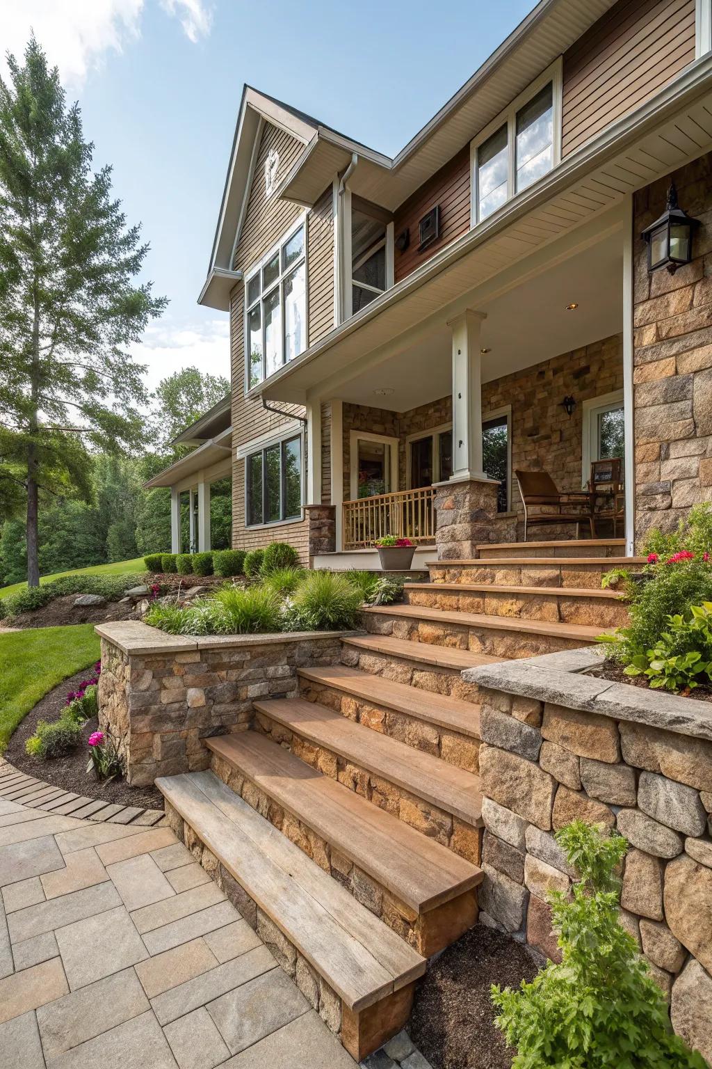 Layered steps enhance the entrance of this split-level home, adding depth and interest.