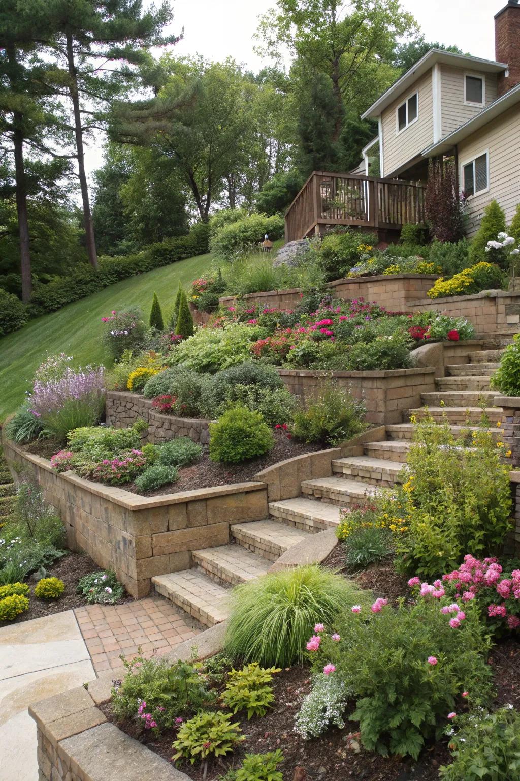 Beautifully arranged tiered garden with lush greenery enhancing a split-level home.