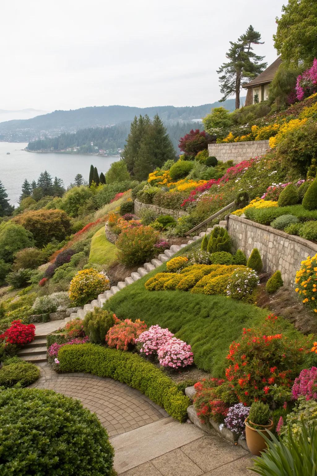 Layered plantings adding depth to a split-level garden.