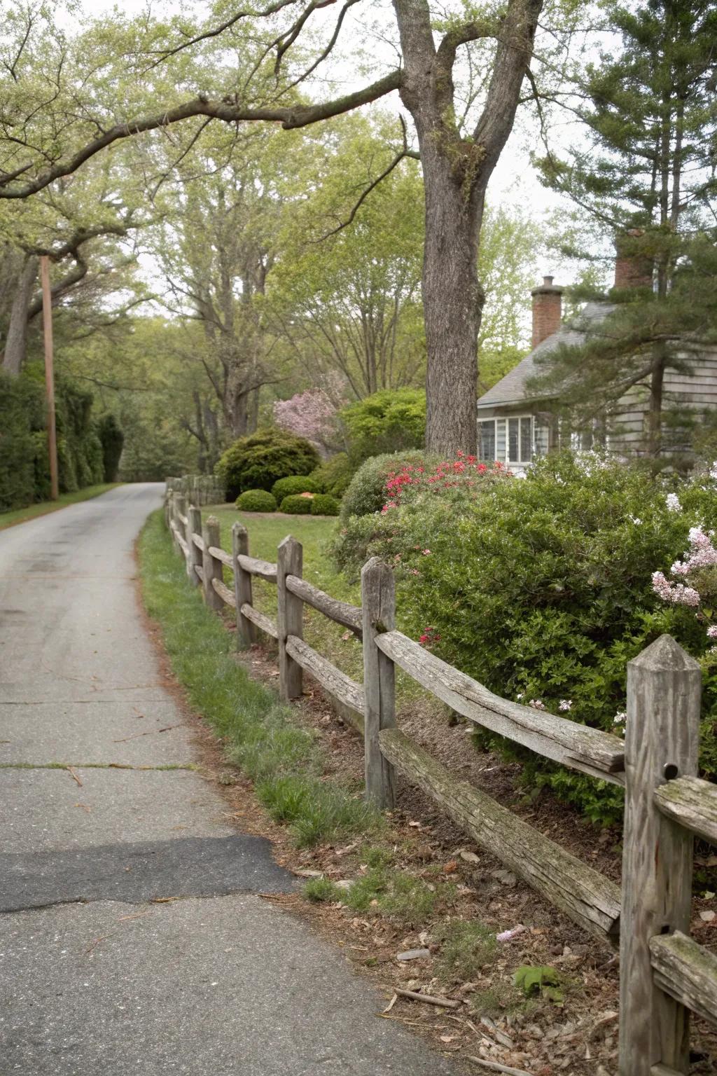 A classic wooden split rail fence enhances this picturesque driveway.