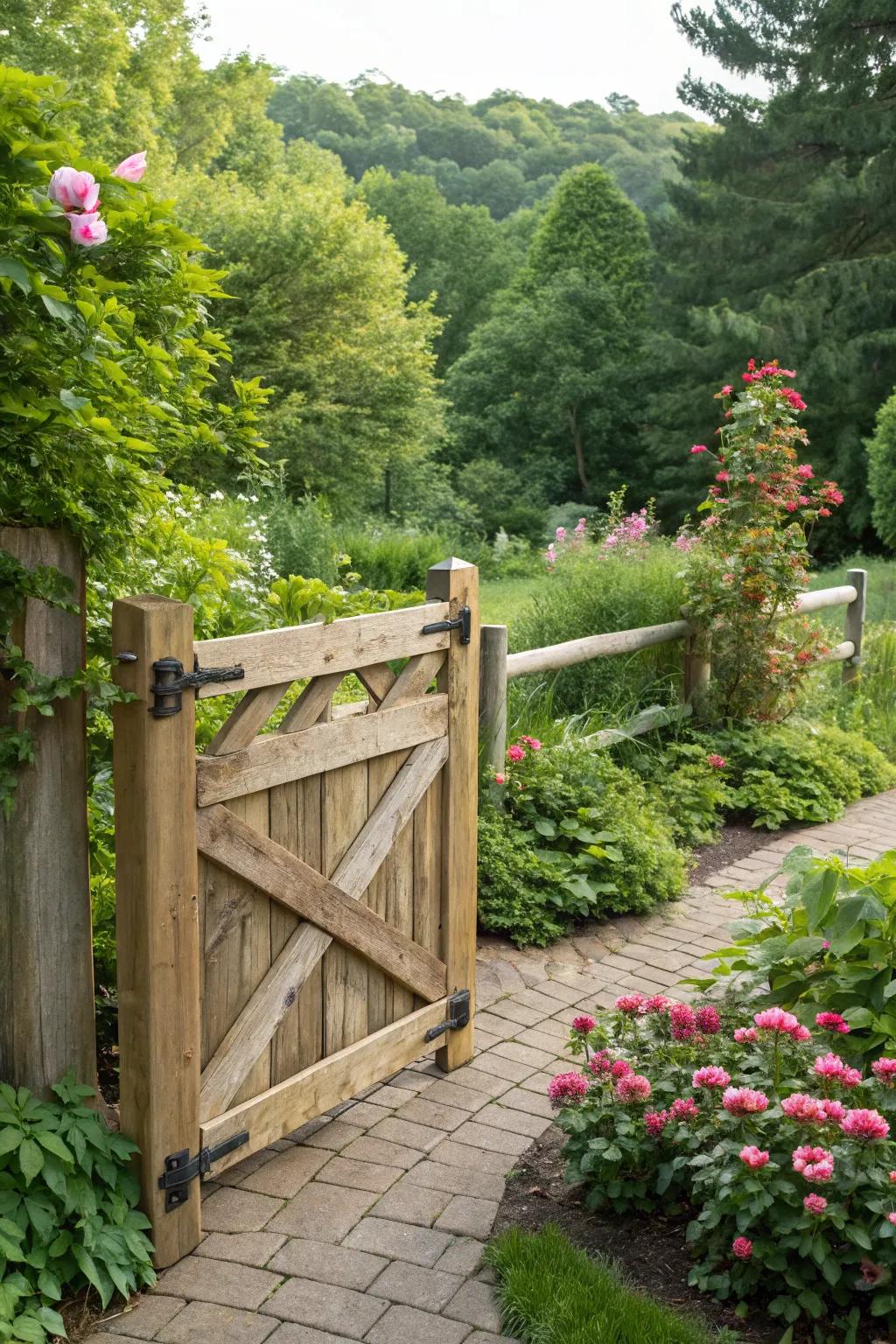 Three-rail gate exemplifies rustic simplicity in a garden setting.