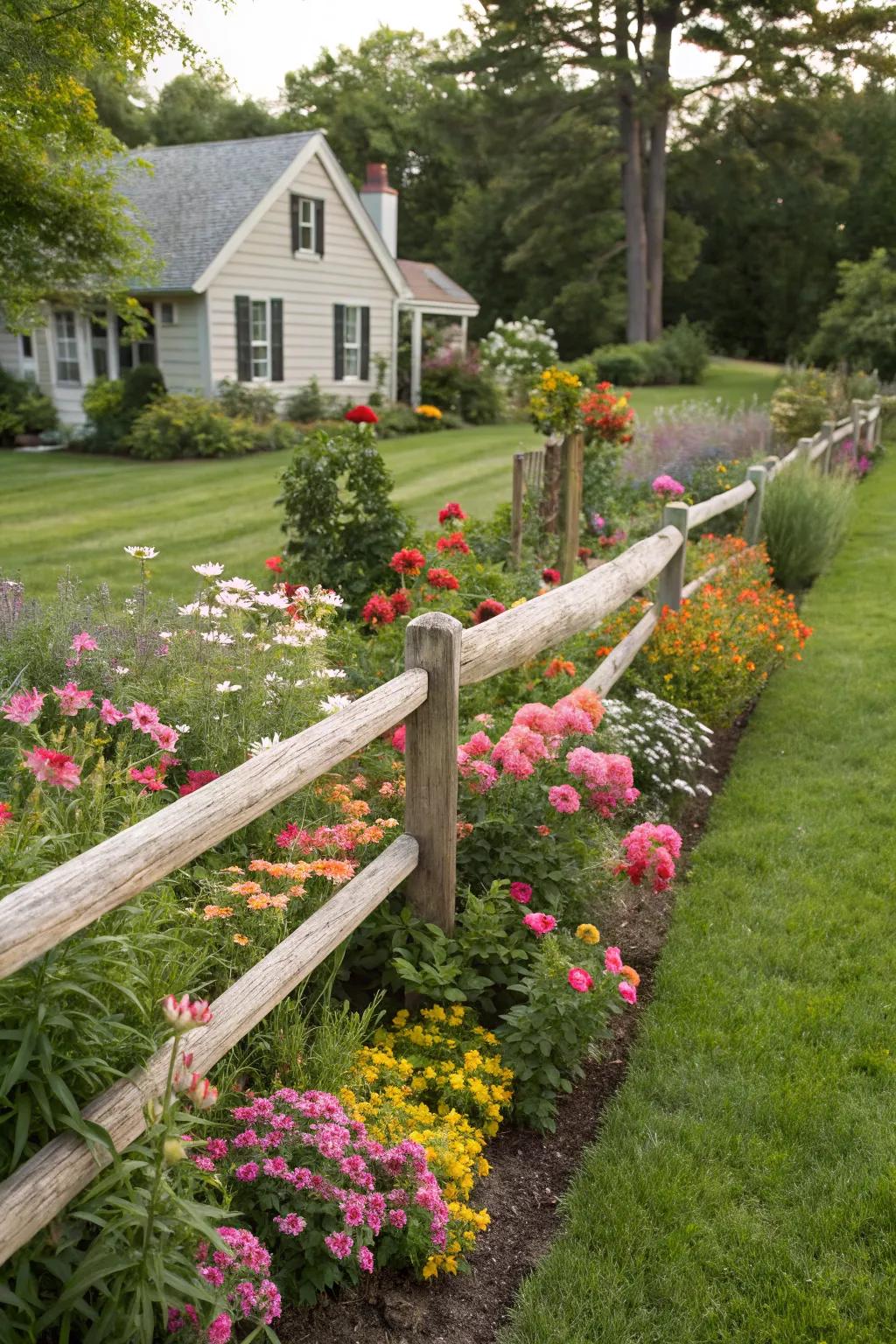 A split rail fence frames this flower bed beautifully, highlighting the vibrant colors of the blooms.