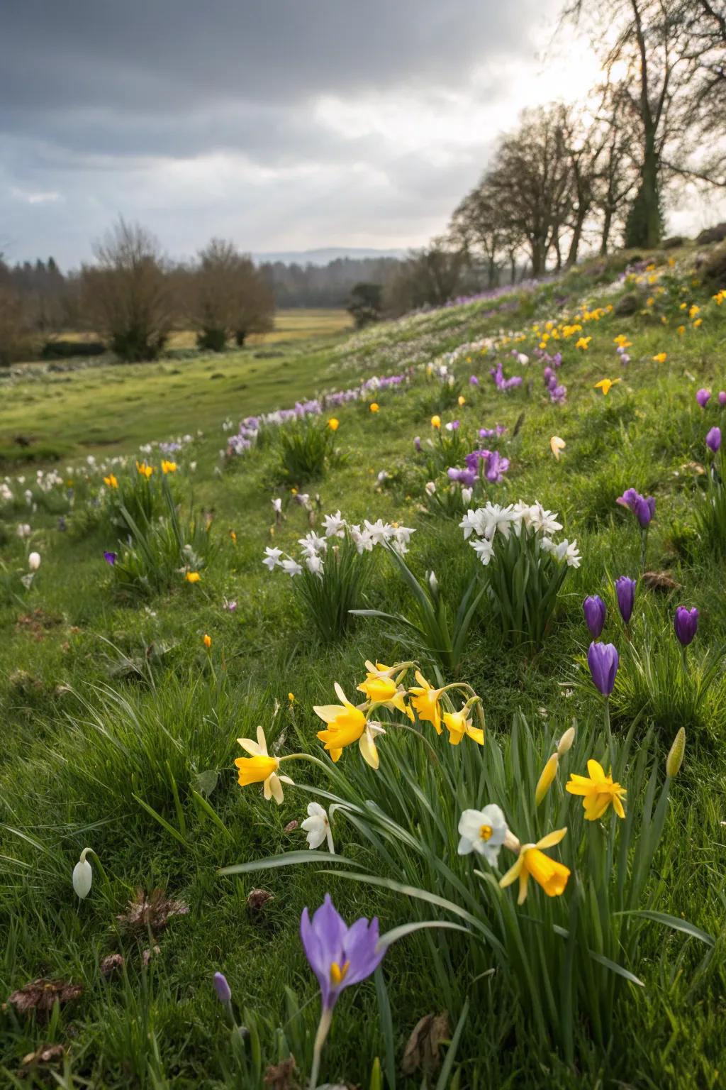 A whimsical meadow-inspired bulb garden layout.