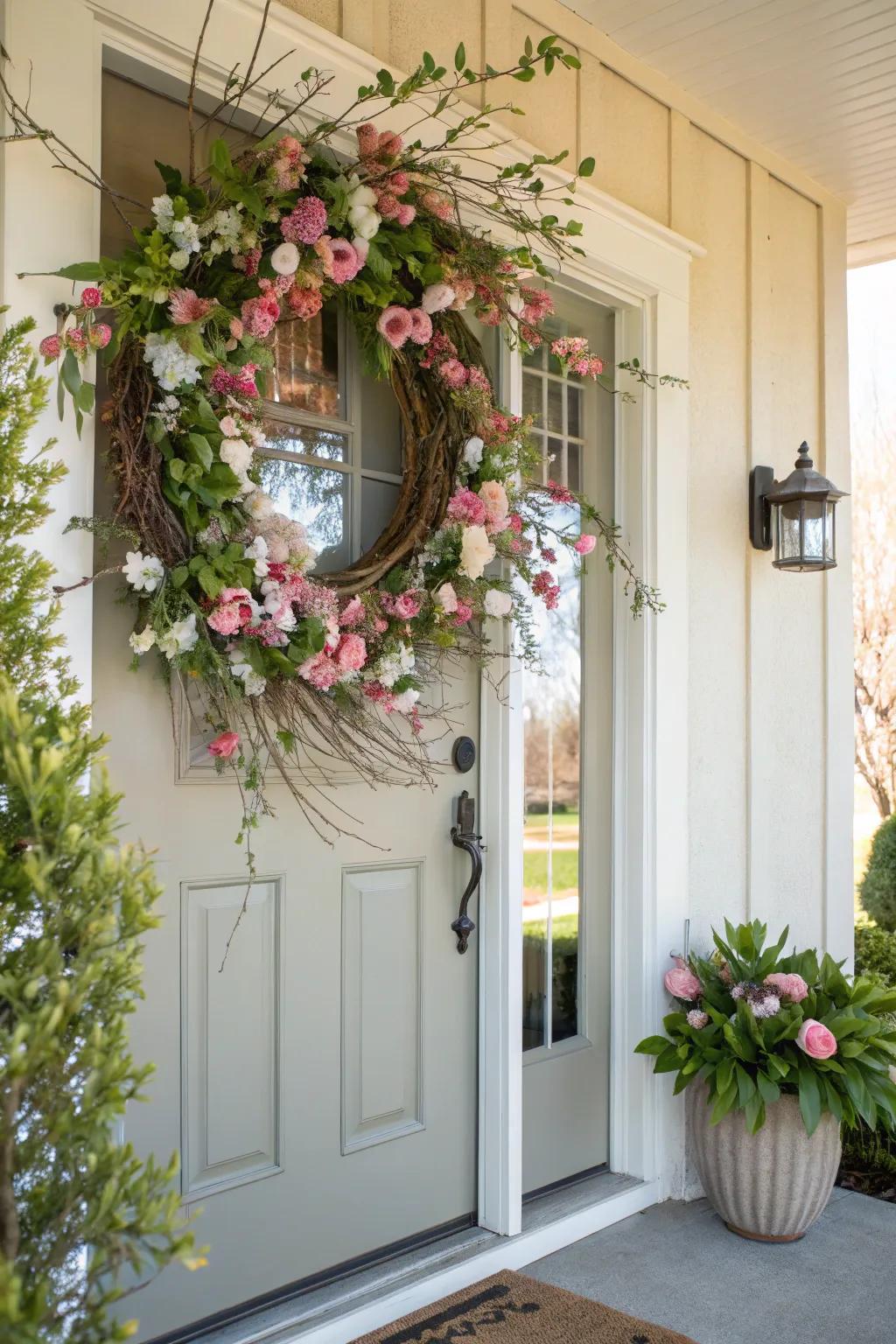 A colorful floral wreath sets a cheerful tone for spring.
