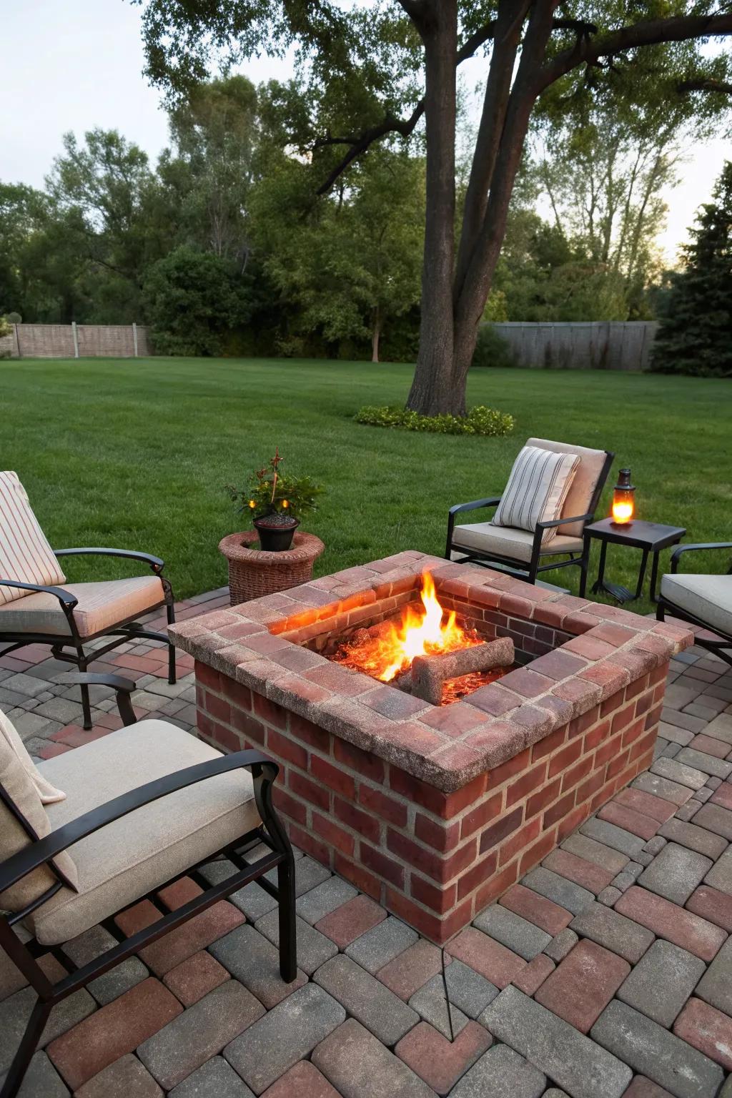 A classic red brick fire pit adds timeless elegance to your outdoor space.