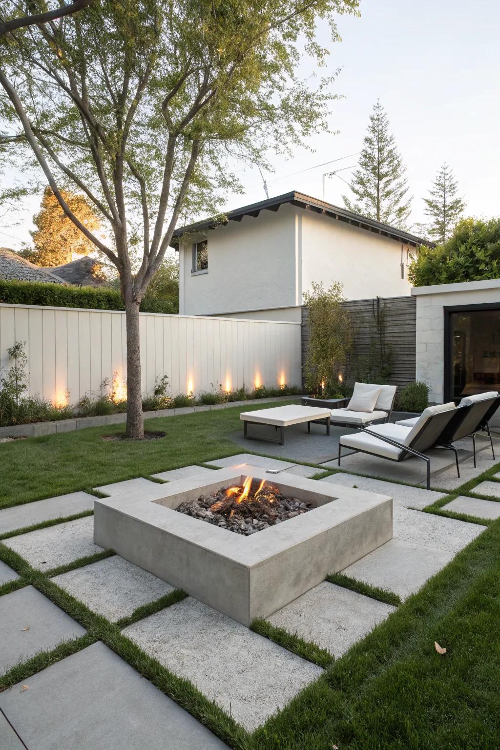 Embrace minimalism with a concrete fire pit for a modern touch.