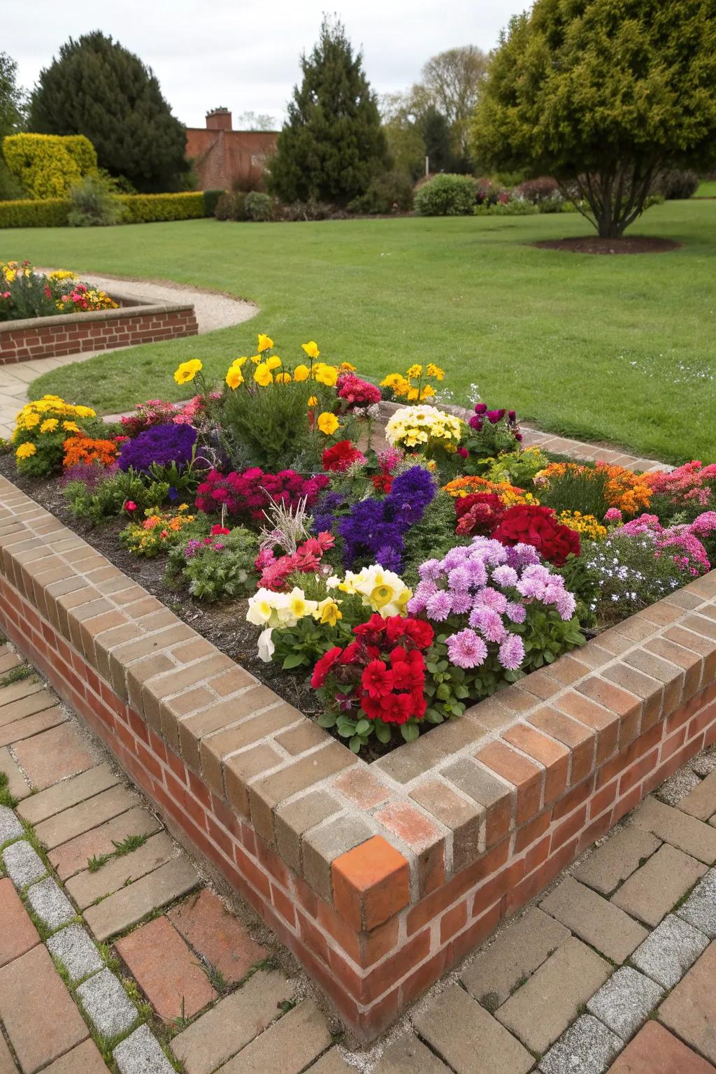 A square flower bed framed by bricks, filled with diverse and colorful blooms.