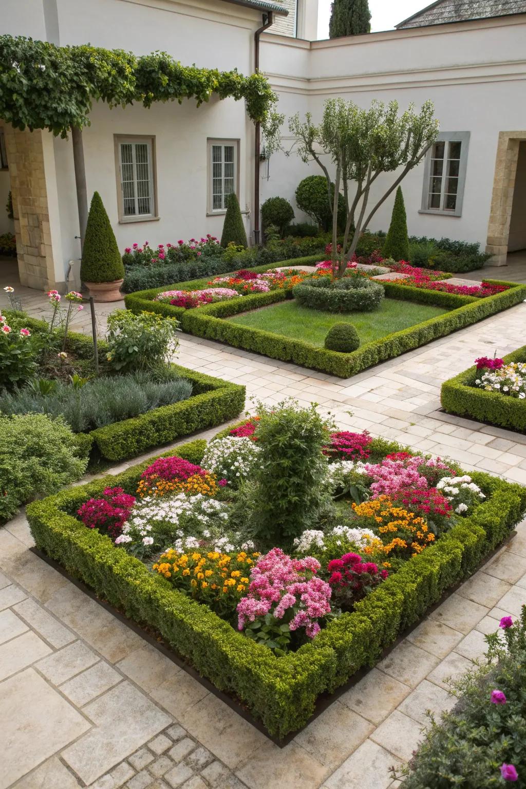 Symmetrical plant arrangements for a balanced front yard.