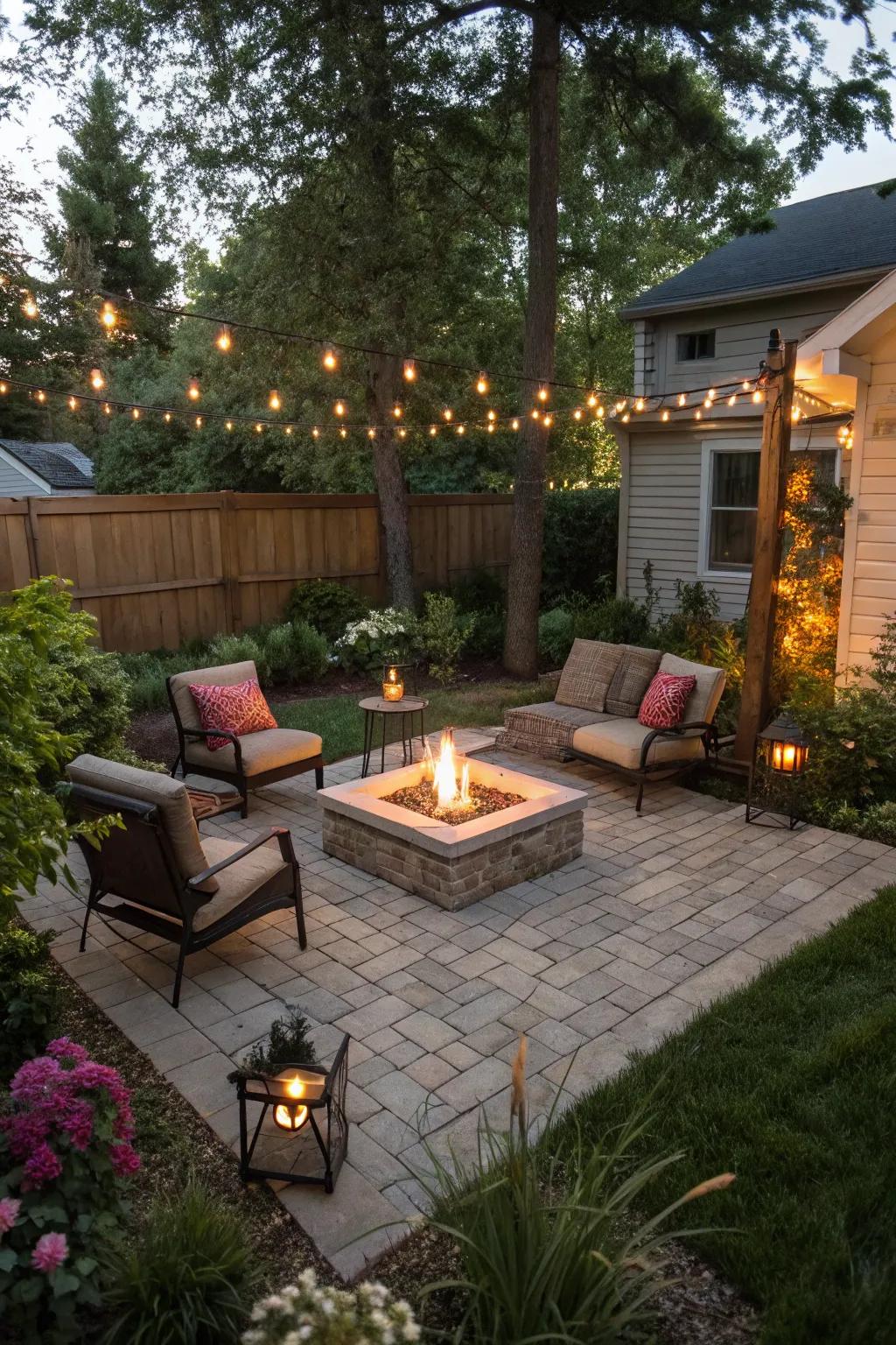 A fire pit as the focal point brings warmth to your square patio.