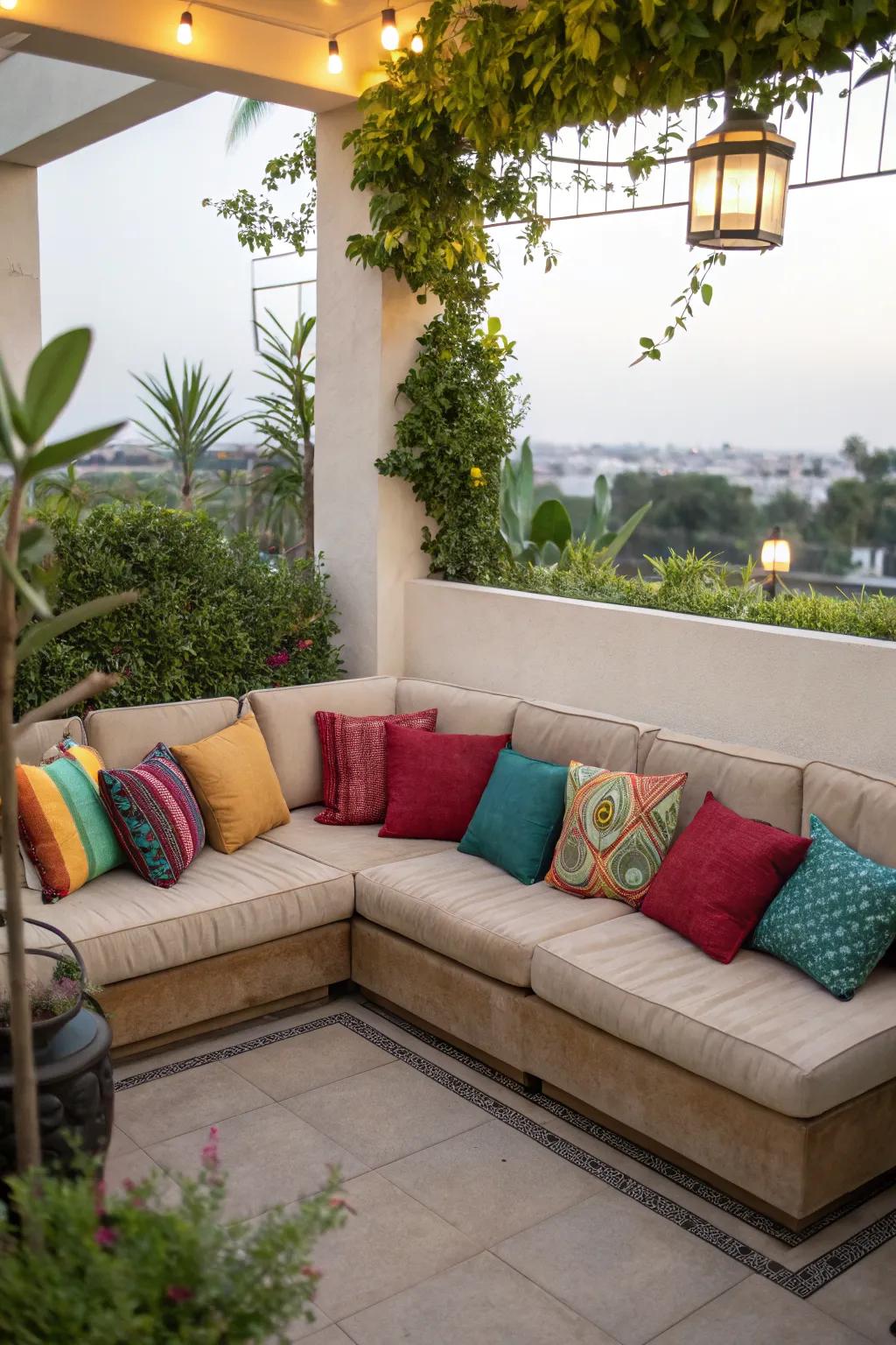 L-shaped sofas maximize space and comfort on a square patio.