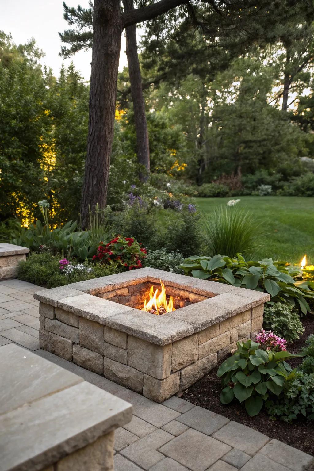A timeless stone fire pit that complements any garden.