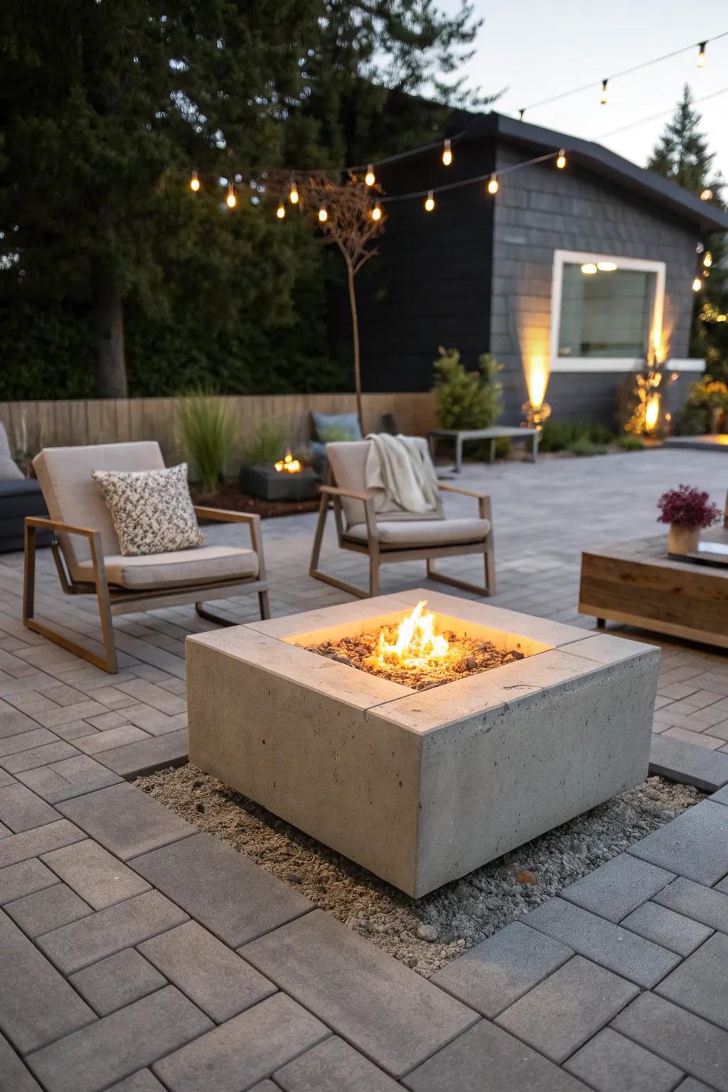A modern concrete fire pit adds a sleek touch to any paver patio.
