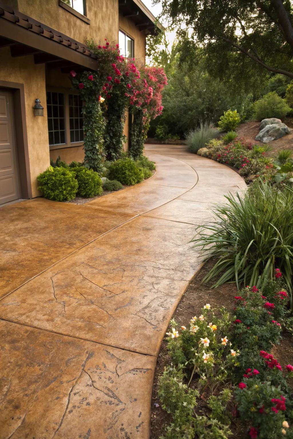 Earthy tones on this driveway create a warm, inviting entrance.
